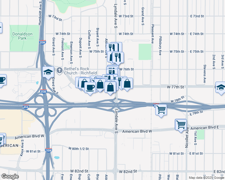 map of restaurants, bars, coffee shops, grocery stores, and more near 7710 Lyndale Avenue South in Minneapolis