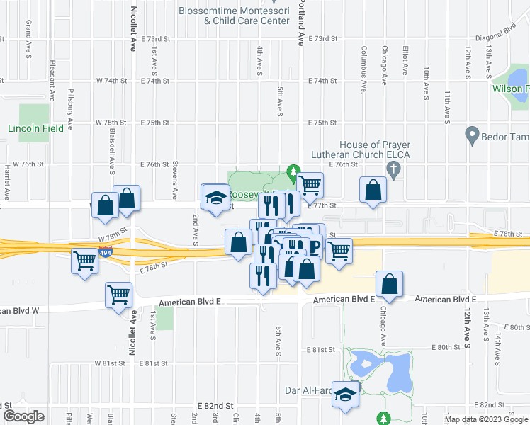 map of restaurants, bars, coffee shops, grocery stores, and more near 7701 4th Avenue South in Minneapolis