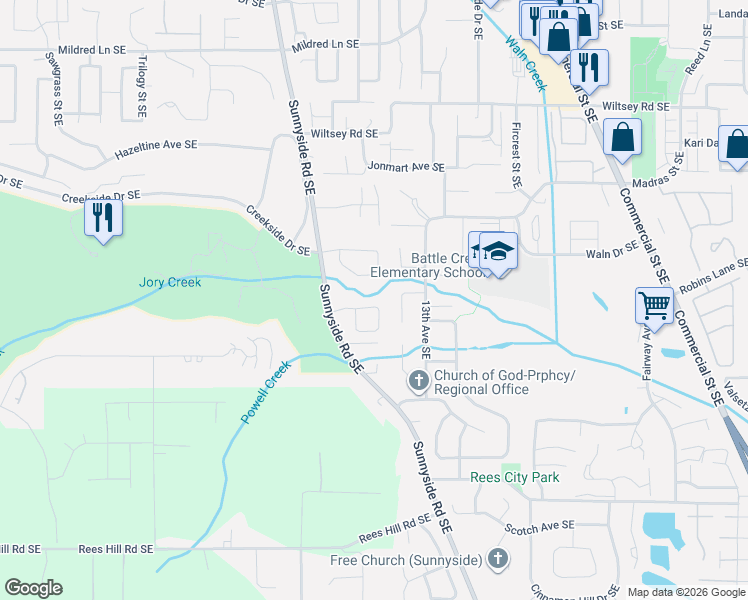 map of restaurants, bars, coffee shops, grocery stores, and more near 1109 Pawnee Cir SE in Salem
