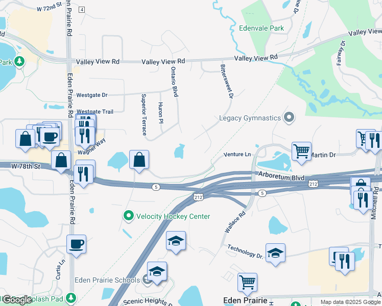 map of restaurants, bars, coffee shops, grocery stores, and more near 7701 Ontario Boulevard in Eden Prairie