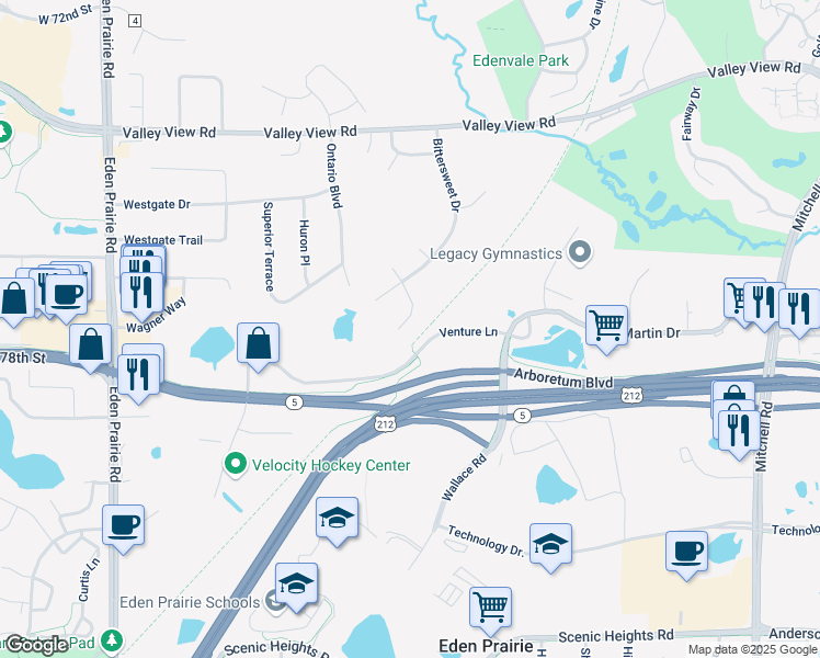 map of restaurants, bars, coffee shops, grocery stores, and more near 15575 Garfield Circle in Eden Prairie