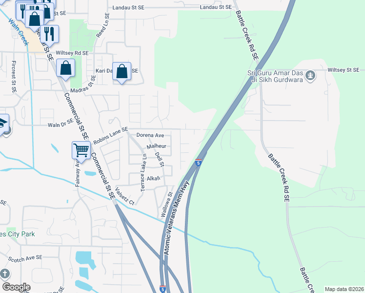 map of restaurants, bars, coffee shops, grocery stores, and more near 2502 Tournament Avenue Southeast in Salem