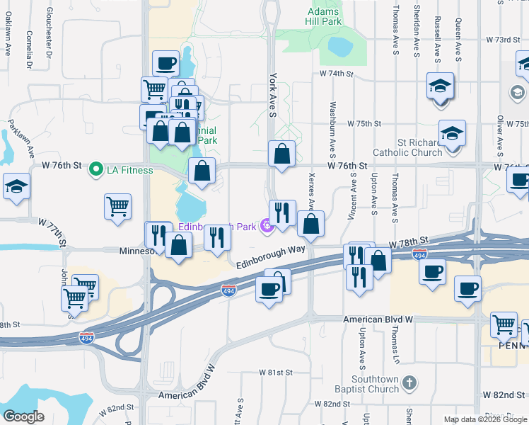 map of restaurants, bars, coffee shops, grocery stores, and more near in Edina