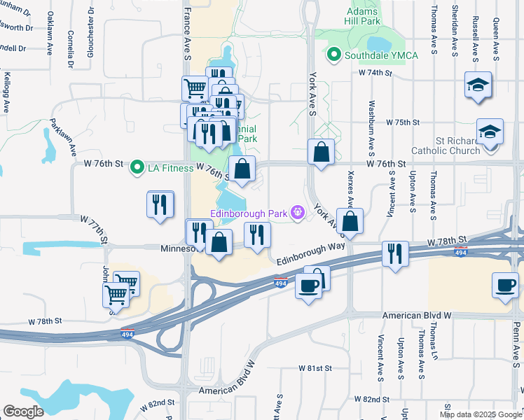 map of restaurants, bars, coffee shops, grocery stores, and more near 7650 Edinborough Way in Minneapolis