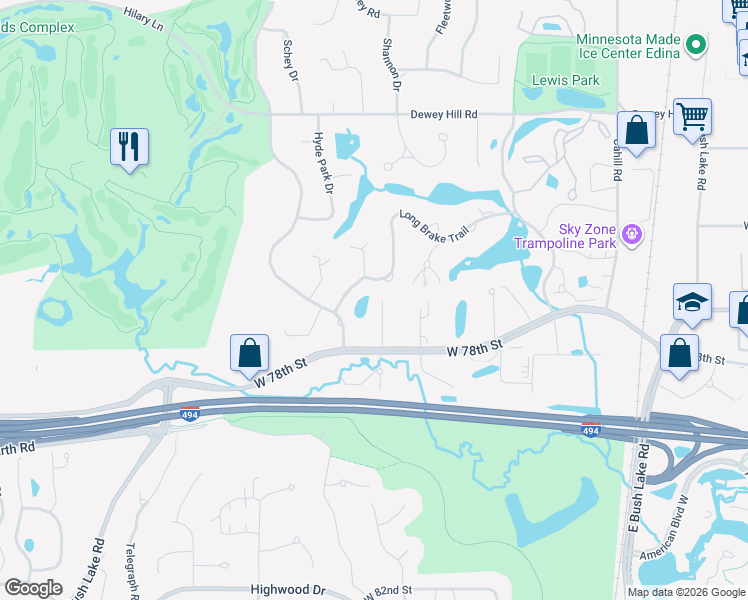 map of restaurants, bars, coffee shops, grocery stores, and more near 7700 Marth Court in Minneapolis