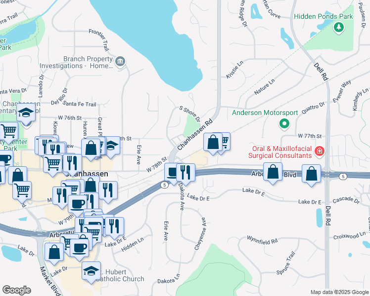 map of restaurants, bars, coffee shops, grocery stores, and more near 7741 Minnesota 101 in Chanhassen