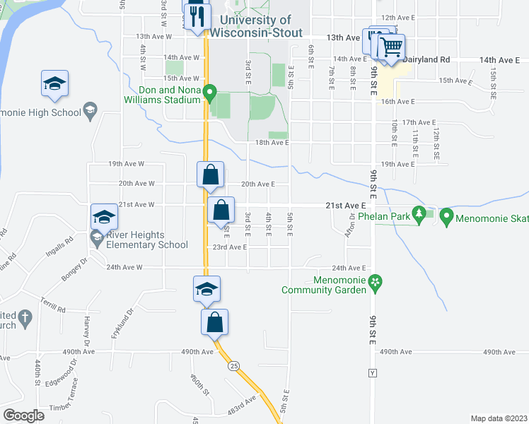 map of restaurants, bars, coffee shops, grocery stores, and more near 2107 4th Street East in Menomonie