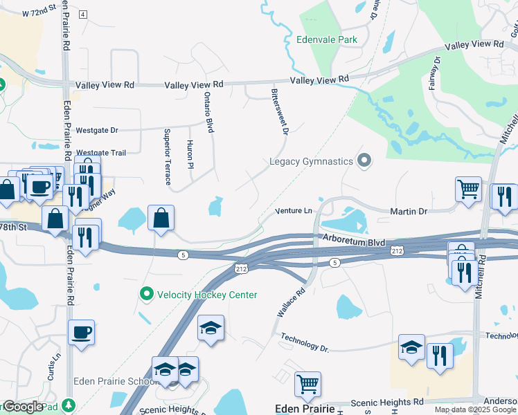 map of restaurants, bars, coffee shops, grocery stores, and more near 15575 Garfield Circle in Eden Prairie