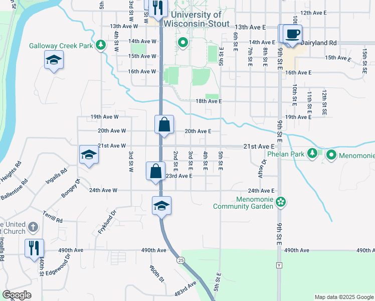 map of restaurants, bars, coffee shops, grocery stores, and more near 220 21st Ave E in Menomonie