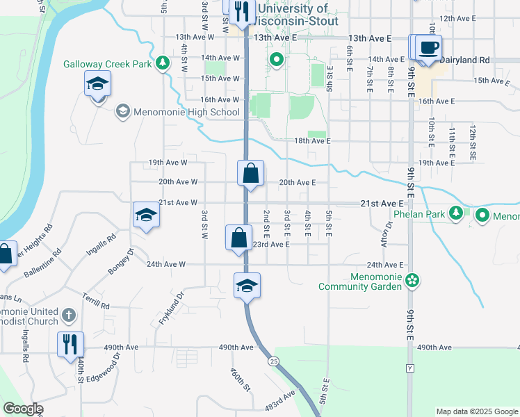 map of restaurants, bars, coffee shops, grocery stores, and more near 2103 2nd Street West in Menomonie