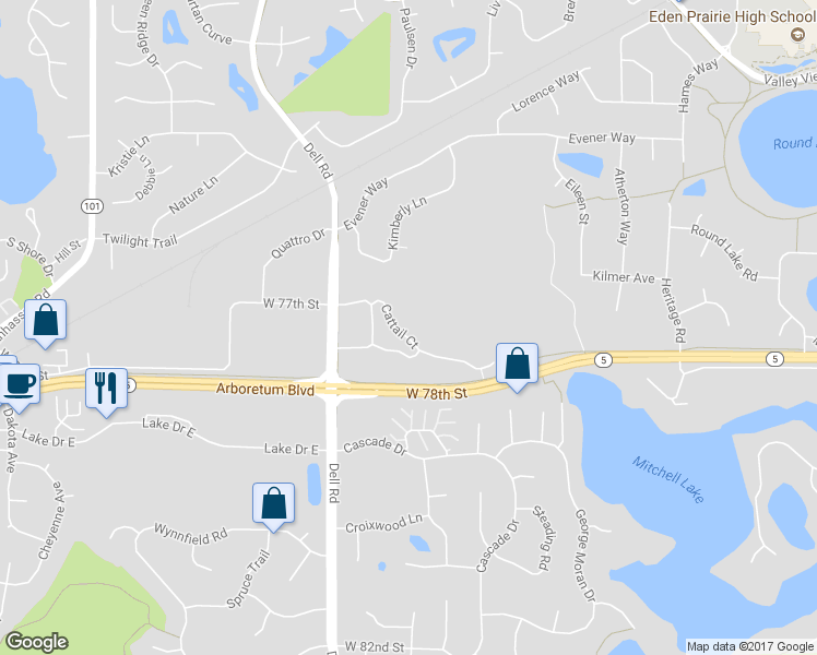 map of restaurants, bars, coffee shops, grocery stores, and more near 18274 Cattail Court in Eden Prairie