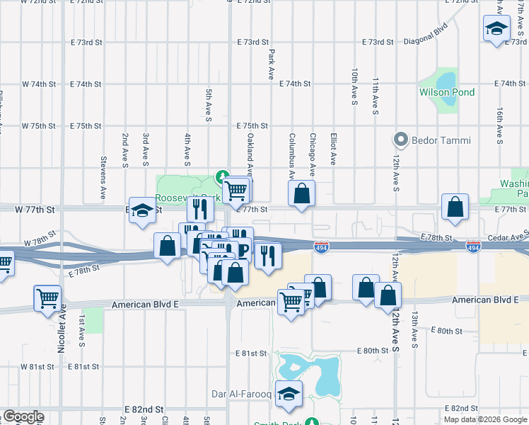 map of restaurants, bars, coffee shops, grocery stores, and more near 701 East 77th Street in Minneapolis