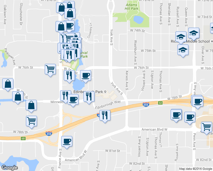 map of restaurants, bars, coffee shops, grocery stores, and more near 7622 York Avenue South in Minneapolis