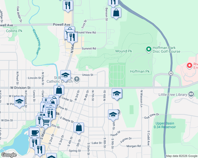 map of restaurants, bars, coffee shops, grocery stores, and more near 528 North 7th Street in River Falls