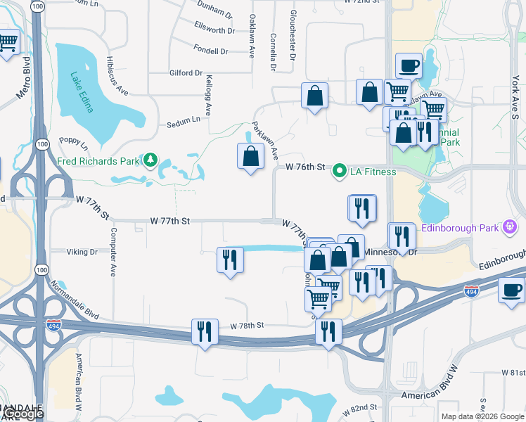 map of restaurants, bars, coffee shops, grocery stores, and more near 4600 West 77th Street in Edina
