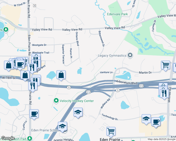 map of restaurants, bars, coffee shops, grocery stores, and more near 7701 Ontario Boulevard in Eden Prairie