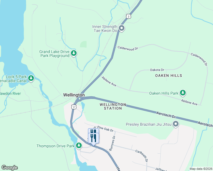 map of restaurants, bars, coffee shops, grocery stores, and more near 1 Abilene Avenue in Wellington