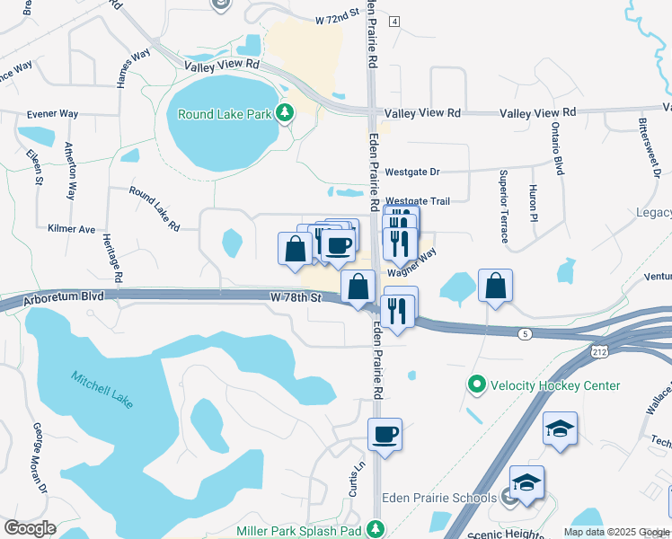 map of restaurants, bars, coffee shops, grocery stores, and more near 16518 Main Street in Eden Prairie