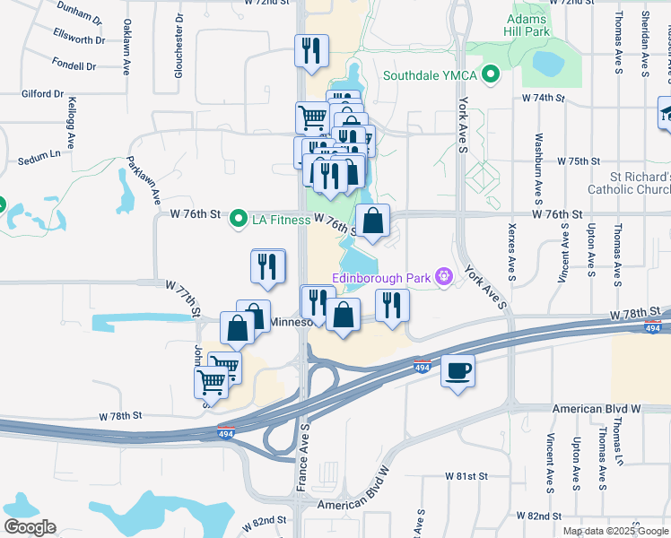 map of restaurants, bars, coffee shops, grocery stores, and more near 7701 France Avenue South in Minneapolis