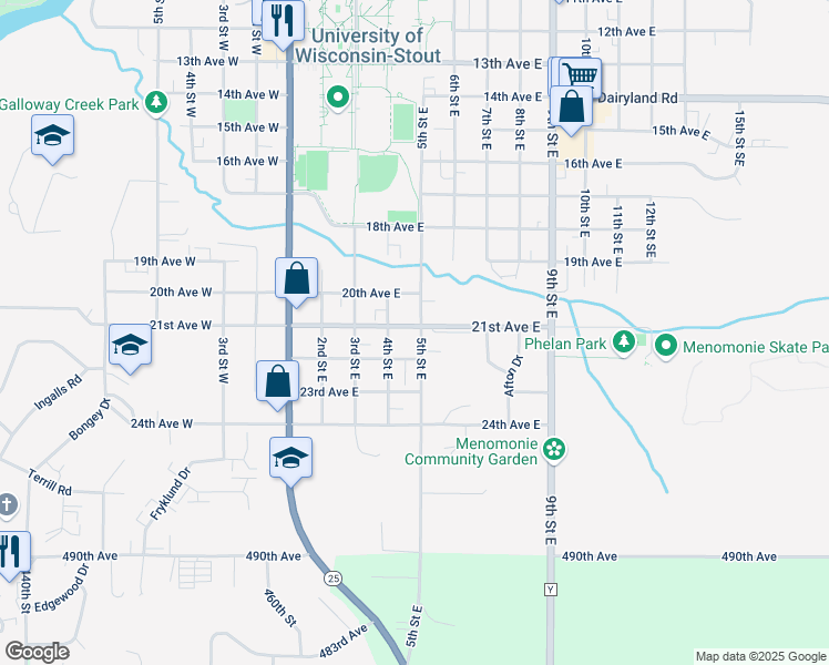 map of restaurants, bars, coffee shops, grocery stores, and more near 2103 5th Street East in Menomonie
