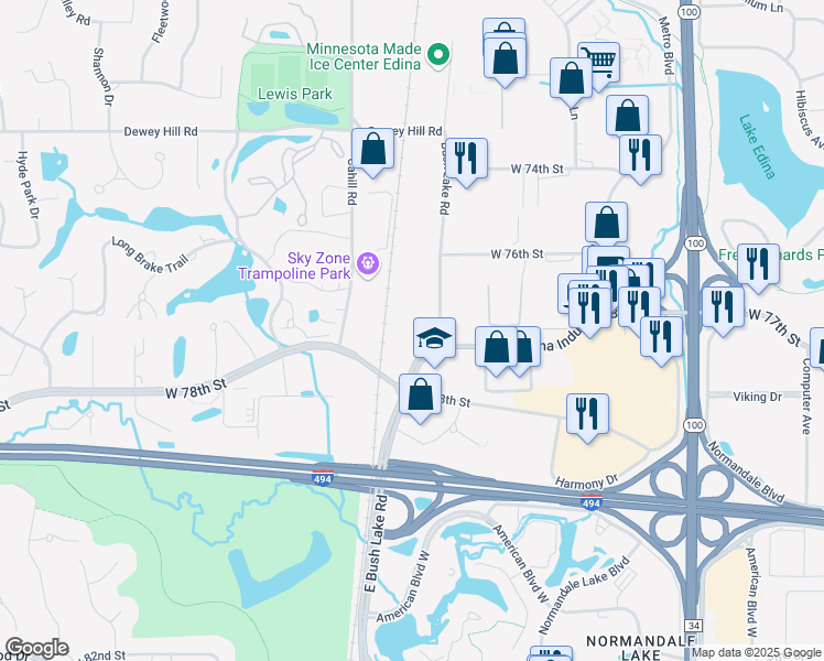 map of restaurants, bars, coffee shops, grocery stores, and more near 7700 Bush Lake Road in Minneapolis