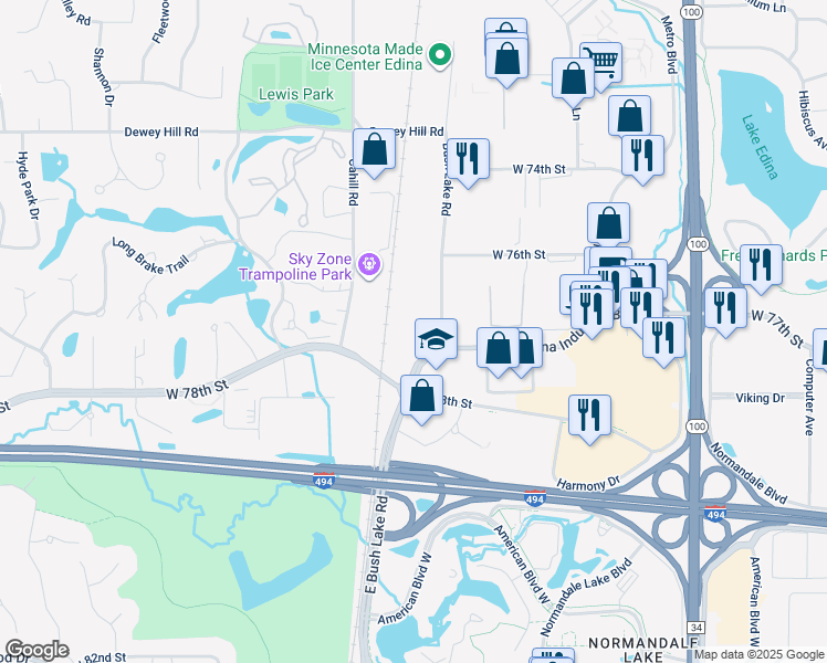 map of restaurants, bars, coffee shops, grocery stores, and more near 7700 Bush Lake Road in Minneapolis