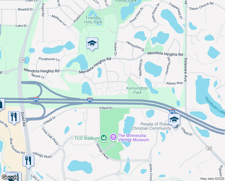 map of restaurants, bars, coffee shops, grocery stores, and more near 2569 Lockwood Drive in Mendota Heights