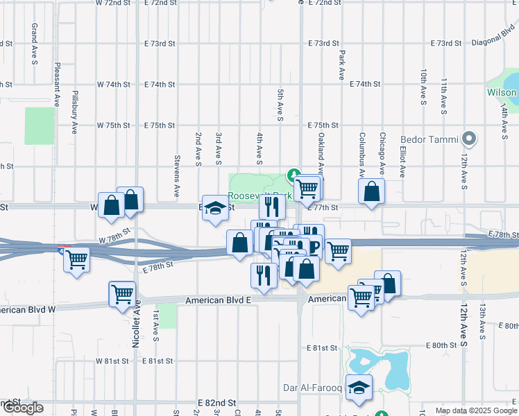 map of restaurants, bars, coffee shops, grocery stores, and more near 7700 4th Avenue South in Richfield