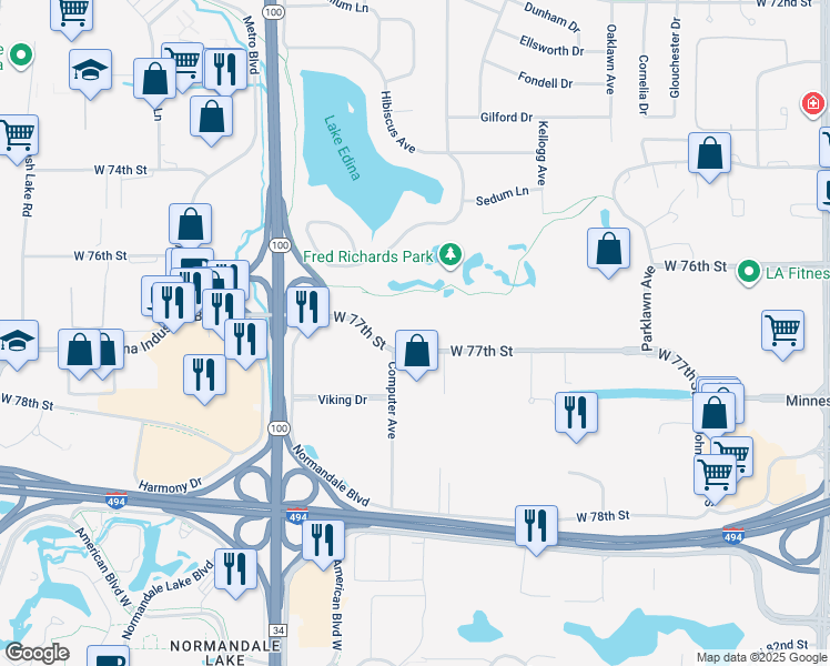 map of restaurants, bars, coffee shops, grocery stores, and more near 4700 West 77th Street in Edina