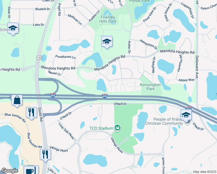 map of restaurants, bars, coffee shops, grocery stores, and more near 2579 Concord Way in Mendota Heights