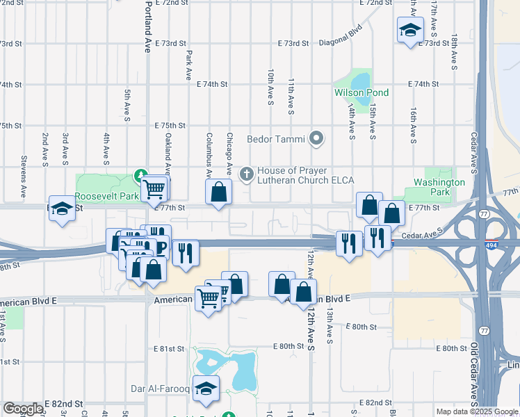 map of restaurants, bars, coffee shops, grocery stores, and more near 901 East 77th Street in Minneapolis