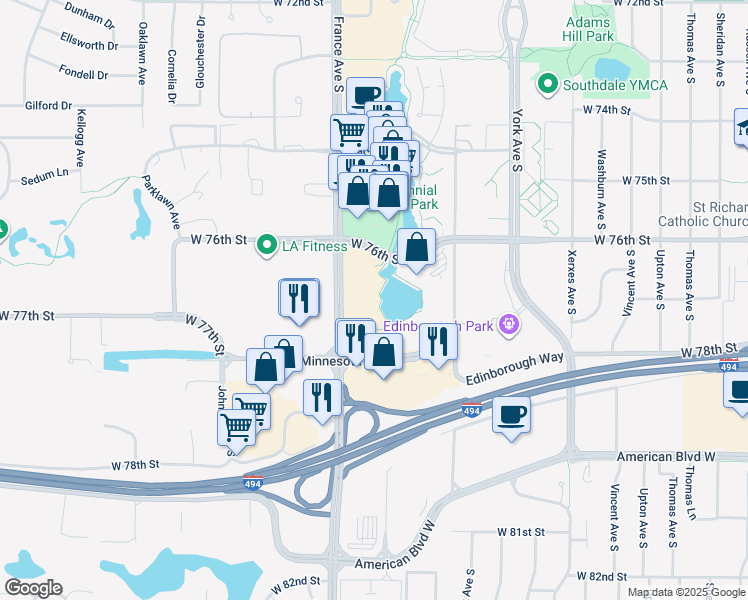 map of restaurants, bars, coffee shops, grocery stores, and more near 7601 France Ave S in Edina