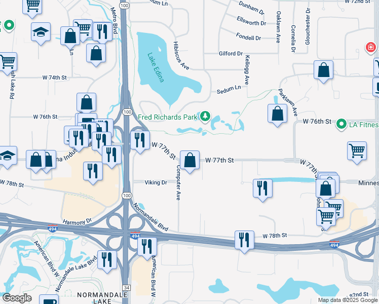 map of restaurants, bars, coffee shops, grocery stores, and more near 4700 West 77th Street in Minneapolis