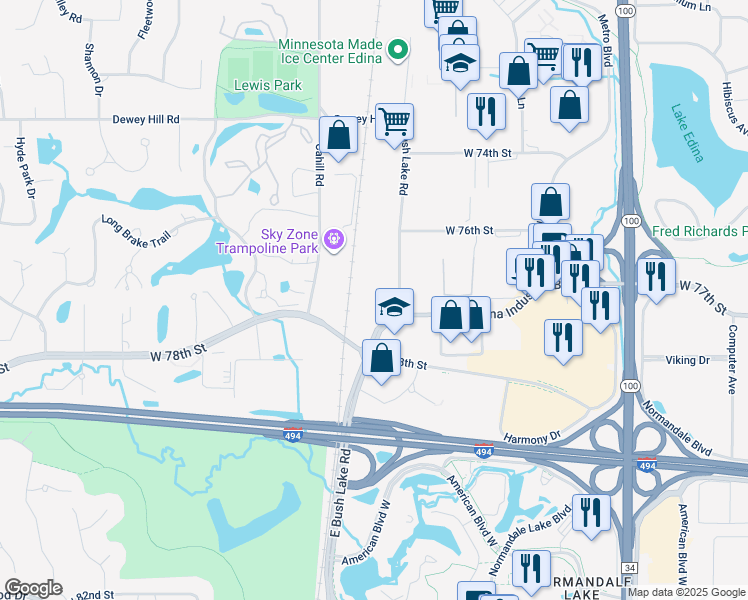 map of restaurants, bars, coffee shops, grocery stores, and more near 7700 Bush Lake Road in Minneapolis