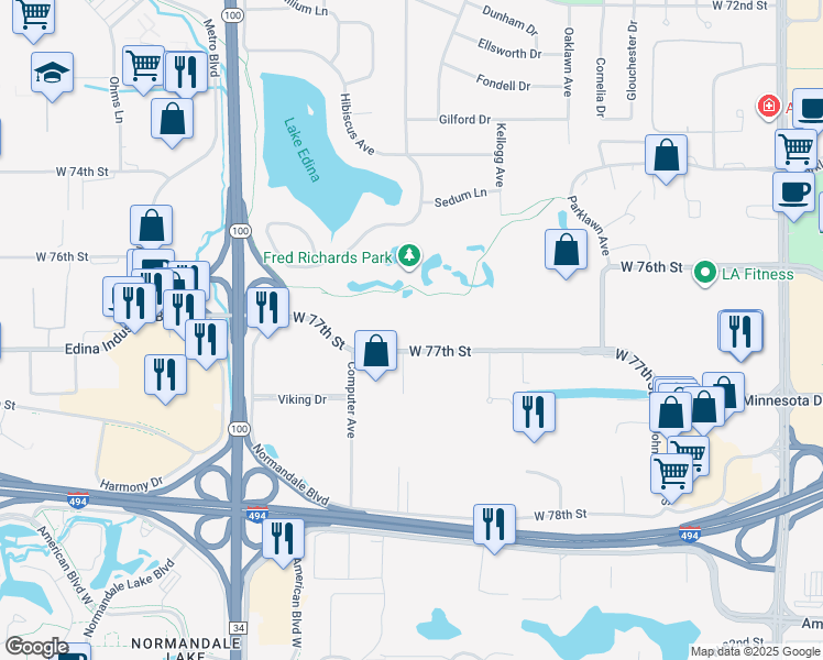 map of restaurants, bars, coffee shops, grocery stores, and more near 4660 West 77th Street in Edina