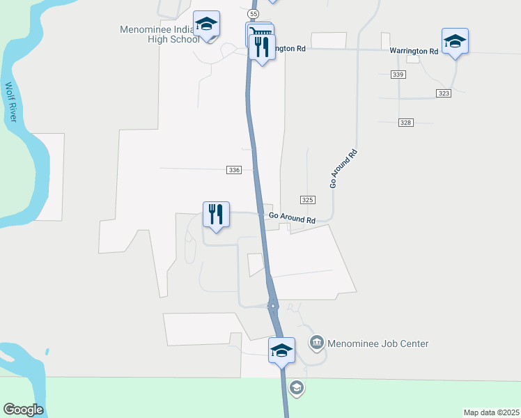map of restaurants, bars, coffee shops, grocery stores, and more near W2844 Duquaine Road in Keshena