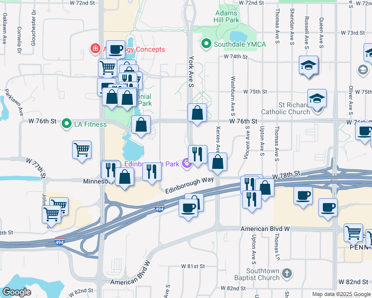 map of restaurants, bars, coffee shops, grocery stores, and more near in Edina