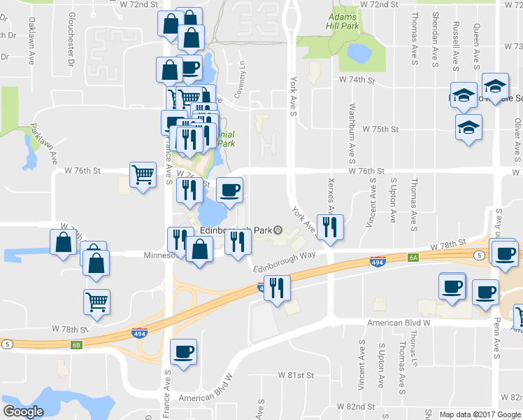 map of restaurants, bars, coffee shops, grocery stores, and more near 7622 York Avenue South in Minneapolis