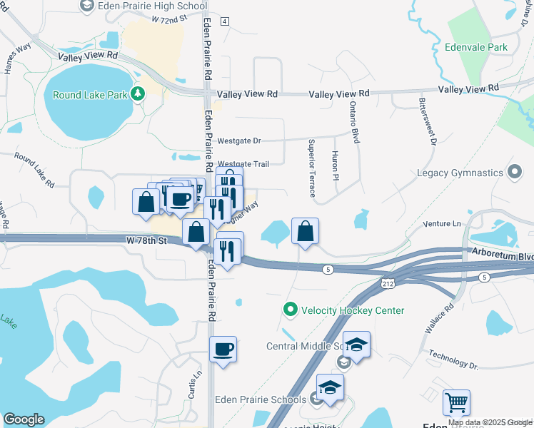 map of restaurants, bars, coffee shops, grocery stores, and more near 16315 Wagner Way in Eden Prairie