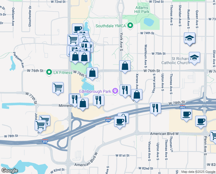map of restaurants, bars, coffee shops, grocery stores, and more near 7622 York Avenue South in Minneapolis