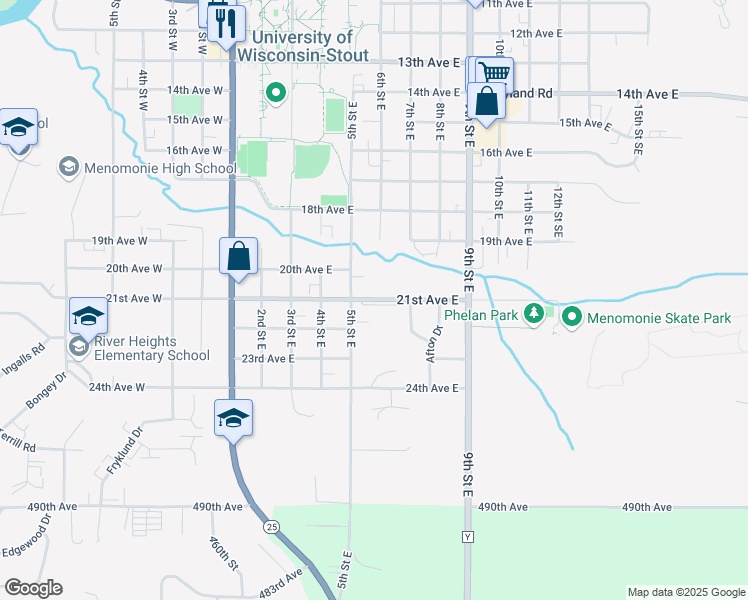map of restaurants, bars, coffee shops, grocery stores, and more near 519 21st Avenue East in Menomonie