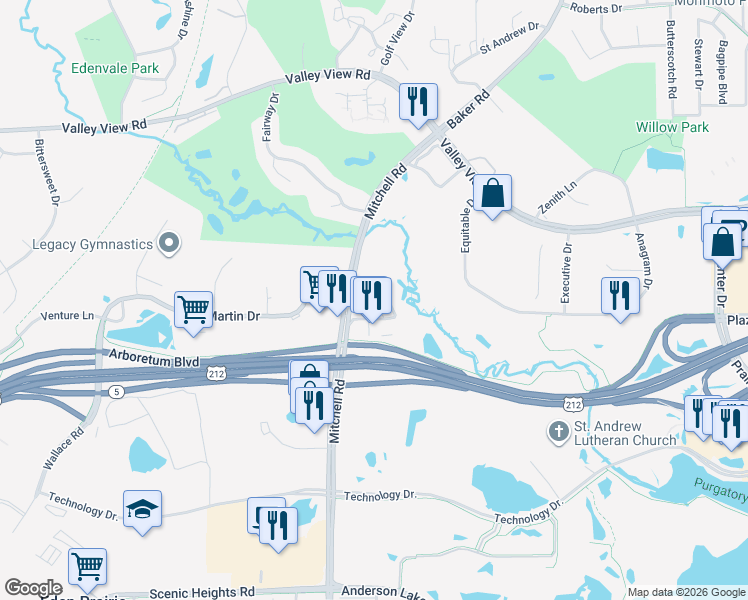 map of restaurants, bars, coffee shops, grocery stores, and more near 14301 Martin Drive in Eden Prairie