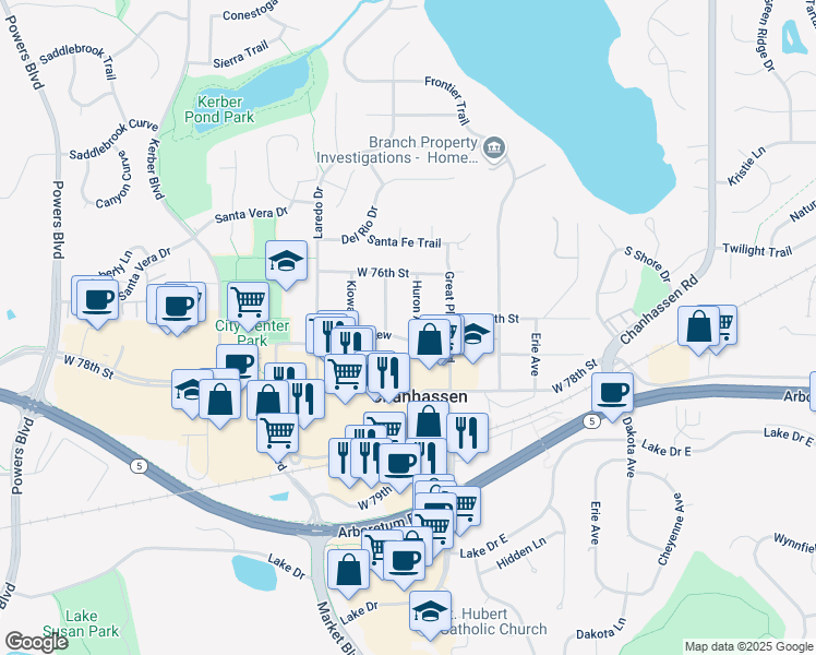 map of restaurants, bars, coffee shops, grocery stores, and more near 440 Chan View in Chanhassen