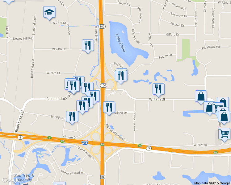 map of restaurants, bars, coffee shops, grocery stores, and more near 7761 Normandale Road in Edina