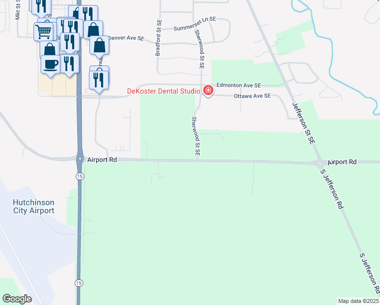 map of restaurants, bars, coffee shops, grocery stores, and more near 1590 Sherwood Street Southeast in Hutchinson