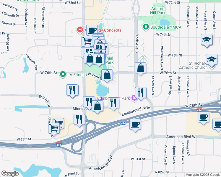 map of restaurants, bars, coffee shops, grocery stores, and more near 3600 Minnesota Drive in Minneapolis
