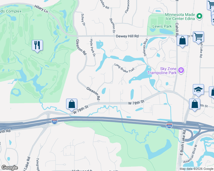 map of restaurants, bars, coffee shops, grocery stores, and more near 7700 Marth Court in Minneapolis