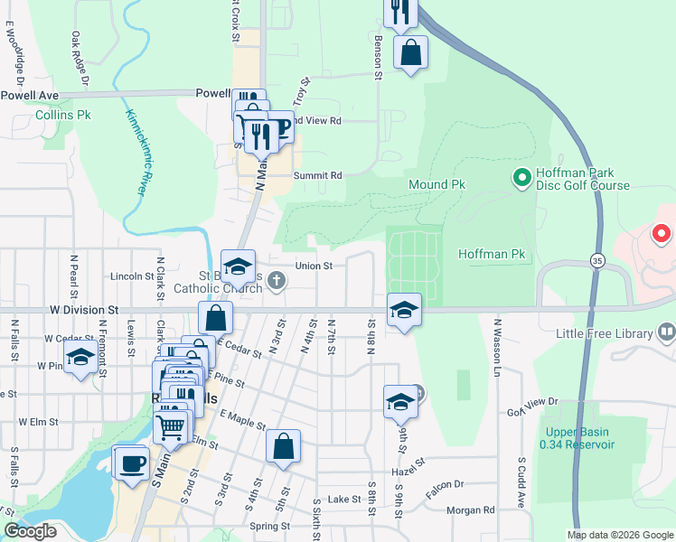 map of restaurants, bars, coffee shops, grocery stores, and more near 528 North 7th Street in River Falls