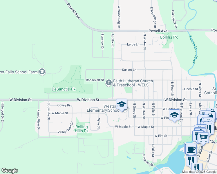 map of restaurants, bars, coffee shops, grocery stores, and more near 545 Apollo Road in River Falls