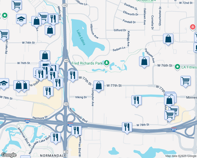 map of restaurants, bars, coffee shops, grocery stores, and more near 4700 West 77th Street in Minneapolis